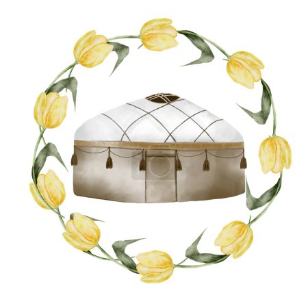 Nauryz watercolor. Composition of a round frame of yellow tulips and a yurt in the center. Hand drawn festive elements of the Kazakh holiday Navruz. Ideal for cards and banners for March 22. High