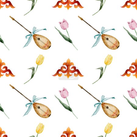 Kasachisches Aquarellmuster. Ornament mit nationalen Symbolen und Dombra, mit rosa und gelben Tulpen. Frühjahrshandzeichnung für den Nauryz-Feiertag, zum Drucken auf Textilien und Geschenkpapier in einem