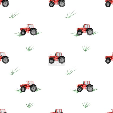 Traktor Aquarell nahtloses Muster. Zeichnung eines roten Spielzeugautos auf weißem Hintergrund. Illustration einer Landmaschine. Für Kindertextilien, Bettwäsche, Windeln, Windeln für Jungen