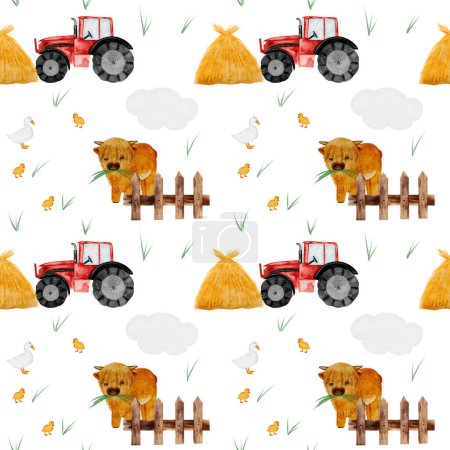Farm cute animals watercolor seamless pattern. Drawing of a red toy car, bull, duck, haystack, grass and cloud on a white background. Illustration of an agricultural machine. For childrens textiles