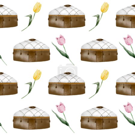 Patrón kazajo acuarela sin costura. Estampado de primavera con yurtas y tulipanes. Ilustración dibujada a mano sobre fondo blanco de elementos asiáticos. Para imprimir en telas y papel de embalaje para Nauryz. Alto.