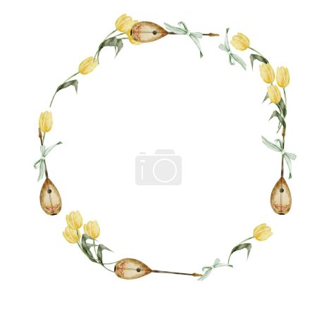 Nauryz kazakh watercolor frame. Composition of a round frame of yellow tulips and dombra. Hand drawn festive elements of the Kazakh holiday Navruz. Ideal for cards and banners for March 22. High