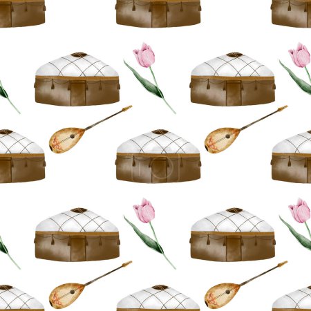 Patrón kazajo acuarela sin costura. Estampado de primavera con yurtas y tulipanes y dombra. Ilustración dibujada a mano sobre fondo blanco de elementos asiáticos. Para imprimir en telas y papel de embalaje para Nauryz