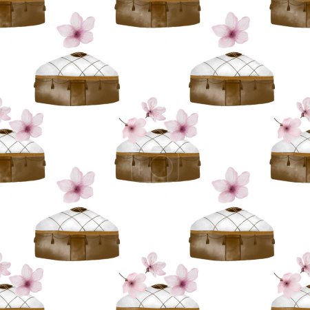 Kasachisches Muster, nahtloses Aquarell. Frühlingsdruck mit Jurten und Kirschblüten. Handgezeichnete Illustration auf weißem Hintergrund asiatischer Elemente. Zum Bedrucken von Stoffen und Verpackungspapieren für