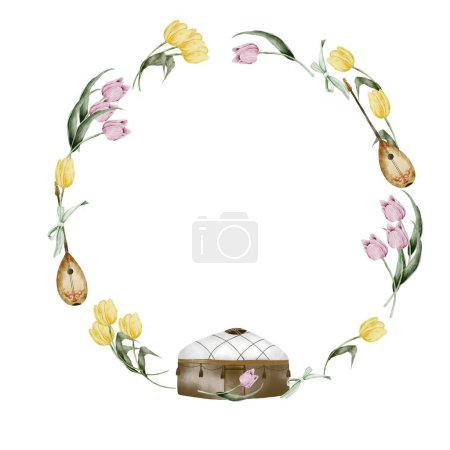 Nauryz watercolor. Composition of a round frame of tulips and a yurt in the center. Hand drawn festive elements of the Kazakh holiday Navruz. Ideal for cards and banners for March 22. High quality
