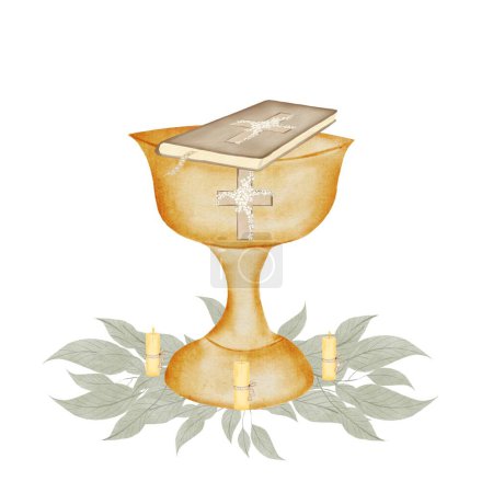 Baby baptism watercolor. Hand drawn religious theme of catholic elements and the book of the Bible. Bowl for bathing a child during the christening ceremony. A plate for inscribing a name, a twig and