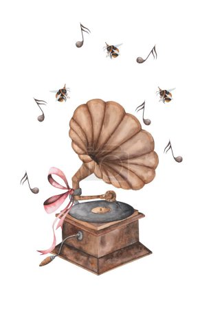 Gramophone watercolor. Postcard with a musical instrument and notes and bumblebees. Hand drawn isolated on white background. For invitations and cards for Music Day, International Dance and Cultural