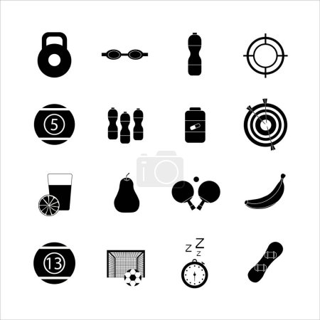 Illustration for Collection of icons with different sports and healthy eating in simple design - Royalty Free Image