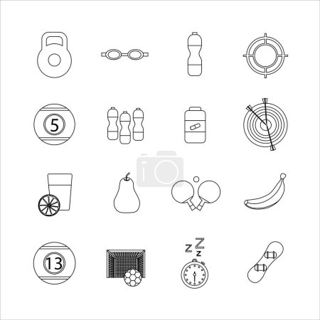 Illustration for Collection of icons with different sports and healthy eating in outline design - Royalty Free Image
