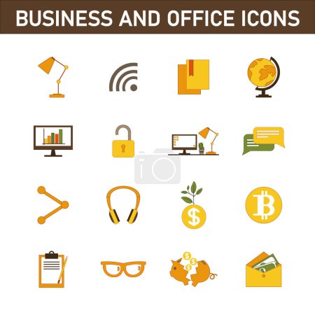 Ilustración de Colección de iconos planos multicolores sobre el tema: negocios y oficina. Aislado sobre fondo blanco. - Imagen libre de derechos