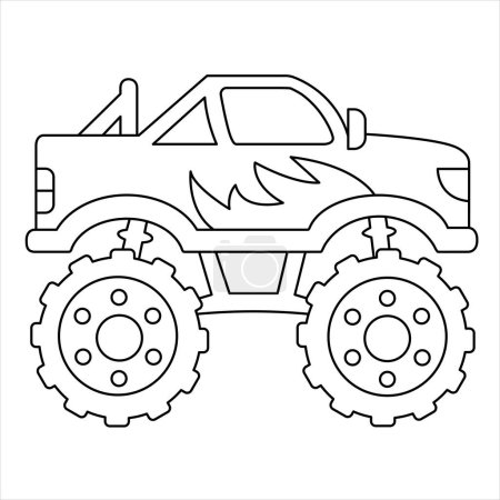Téléchargez les illustrations : Coloriage de camion de monstre, conception de contour pour l'activité d'enfants, icône vectorielle de véhicule hors route. Camion de dessin animé - en licence libre de droit