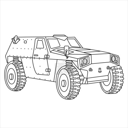 Téléchargez les illustrations : Coloriage d'alligator de véhicule blindé militaire. Illustration vectorielle de voiture blindée. Camion militaire isolé sur fond blanc - en licence libre de droit
