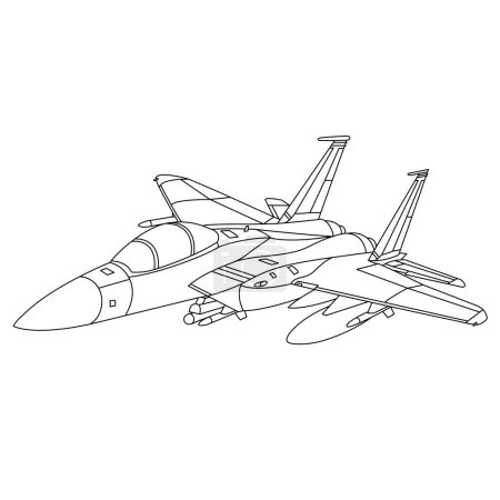 Avión militar F-15 Eagle Outline Illustration. Libro para colorear McDonnell Douglas F-15 Eagle para niños y adultos. Avión de dibujos animados aislado sobre fondo blanco. Luchador Jet Drawing Line Arte Vector Ilustración