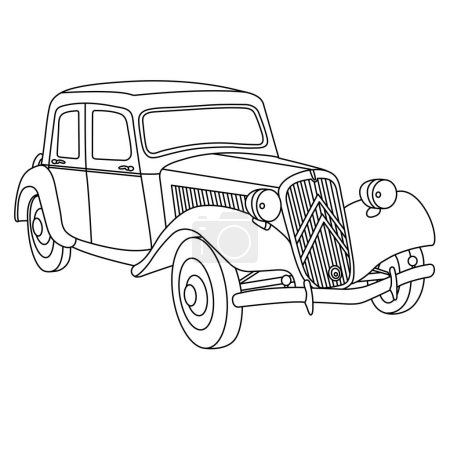 Illustration for Citroen B11 Sport 4-Door Berline 1947 Outline Vector Illustration. Adult Old Car Coloring Page. Cartoon Vehicle Isolated on White Background. Vintage Car Concept. Automobile Black Contour Sketch Drawing - Royalty Free Image