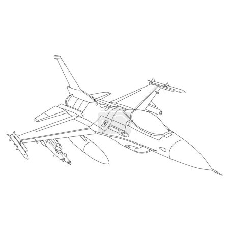 F-16 Fighting Falcon Outline Illustration. Fighter Jet F16 Coloring Book For Children And Adults. Military Aircraft Vector. Cartoon Airplane Isolated on White Background. Plane Drawing Line Art Vector Illustration