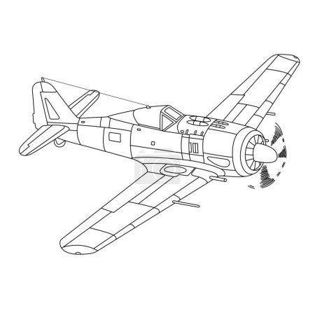 Illustration for Focke-Wulf Fw 190 Wurger Aircraft War World II Fighter Coloring Page. Vintage War Plane. Military Airplane Vector Illustration. German Fighter Plane 1941 - Royalty Free Image