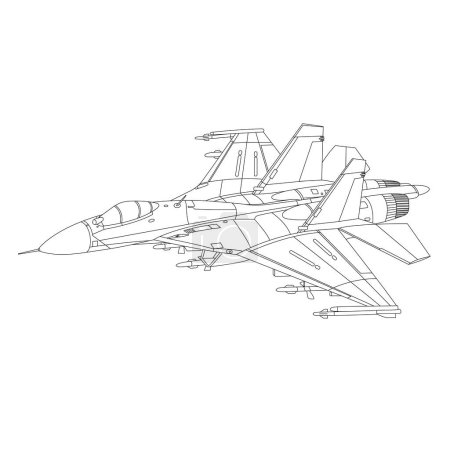Ilustración de Sukhoi Su-27 Aircraft Outline Illustration (en inglés). Fighter Jet Su27 Flanker libro para colorear para niños y adultos. Avión militar aislado sobre fondo blanco. Plano línea de dibujo Arte Vector Ilustración - Imagen libre de derechos