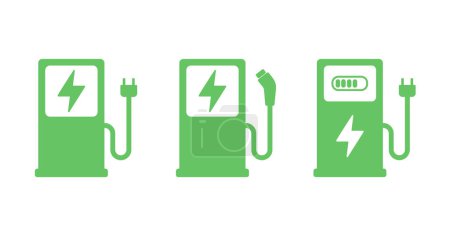 Green Electric Car Charger Icon. Charging Station For Electric Vehicles. Electric Fuel Pump For Hybrid Cars Sign. Charger With Plug For Electrical Power Auto Pictogram. Charge Station For Green Energy Automobile With Lightning Icon. Isolated Vector