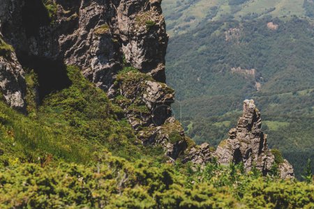 Foto de Babin Zub pico de la montaña Stara Planina, popular destino de viaje en Serbia. Primer plano de la roca de la Montaña Vieja sobre el fondo de colinas verdes, laderas boscosas y bosques de coníferas en el soleado día de verano. - Imagen libre de derechos