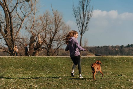 Foto de Mujer joven jugando pelota con perro puntero en el parque. Vista posterior de la chica corriendo con vizsla tratando de atrapar una pelota. Activa propietaria femenina y su vizsla húngara con pasar tiempo juntos al aire libre. - Imagen libre de derechos