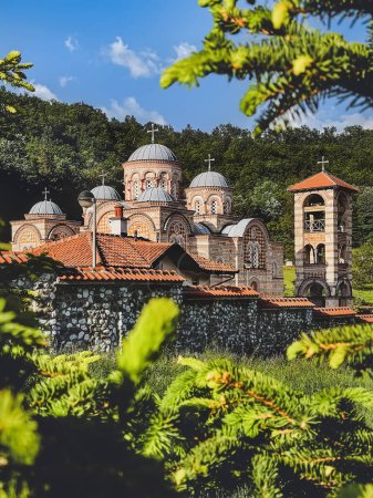 Photo for Valjevo, Serbia - May 21, 2023. Celije Monastery in hilly area surrounded by forest. Serbian Orthodox monastery is popular religious site and place for worship. Balkans Pilgrimage travel destination. - Royalty Free Image