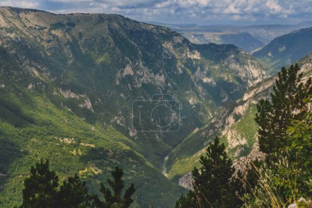 Foto de Cañón del río Tara en el parque nacional de Durmitor, junto al puente Djurdjevich. El desfiladero del río más profundo de Europa, famosa atracción turística y punto de referencia natural de Montenegro, vista en un día soleado de verano. - Imagen libre de derechos