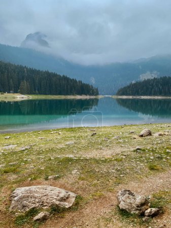 Photo for Early morning sunrise with dense fog over mountains and Black lake surrounded with coniferous forest in Durmitor, Montenegro. Landscape of mountain lake in foggy green forest reflecting in water. - Royalty Free Image