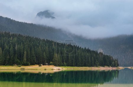 Téléchargez les photos : Lever du soleil tôt le matin avec un brouillard dense sur les montagnes et le lac noir entouré de forêts de conifères à Durmitor, Monténégro. Paysage du lac de montagne dans la forêt verte brumeuse reflétant dans l'eau. - en image libre de droit