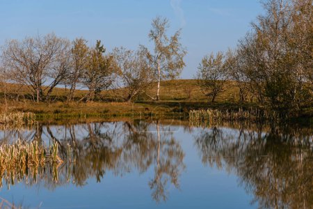 Foto de Pequeño lago Nebeska Suza o Lágrima de Haven en la montaña Golija, Serbia. Paisaje matutino de primavera con árboles reflejados en el agua del lago natural. - Imagen libre de derechos
