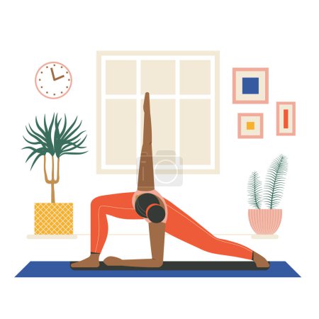 Illustration for Dark skinned brunette woman practicing yoga at home. Girl doing fitness exercises on yoga mat in living room cozy interior with window and plants. Home workout healthy lifestyle scene. - Royalty Free Image