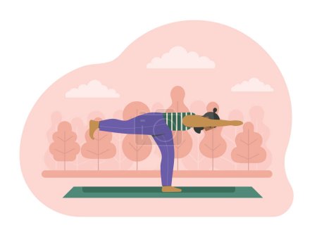Téléchargez les illustrations : Homme hipster barbu pratiquant le yoga faisant Guerrier 3 pose sur la nature. Homme d'âge moyen faisant des exercices de fitness sur tapis de yoga dans le parc de la ville avec des arbres. Scène d'entraînement de style de vie sain extérieur. - en licence libre de droit