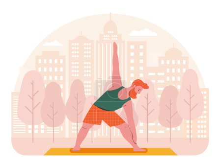 Téléchargez les illustrations : Homme barbu scandinave hipster pratiquant le yoga en triangle pose sur la nature. Homme faisant des exercices de remise en forme sur tapis de yoga dans le parc de la ville avec des arbres et des gratte-ciel sur fond. Concept de mode de vie sain. - en licence libre de droit