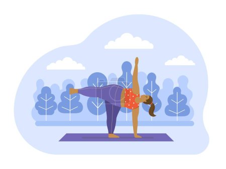 Illustration for Young body positive female practicing Hatha Yoga in open air city park. Plus size girl doing fitness exercises on yoga mat in nature. Sports for women, outdoor healthy activity and wellbeing concept. - Royalty Free Image