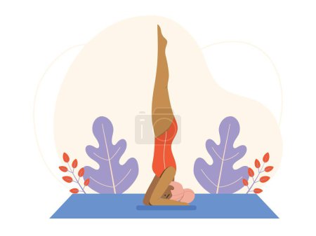 Illustration for Woman doing asana standing on head outdoors. Dark skinned female in Yoga Headstand pose. Healthy lifestyle fitness scene with girl training yoga body posture exercise on yoga mat - Royalty Free Image