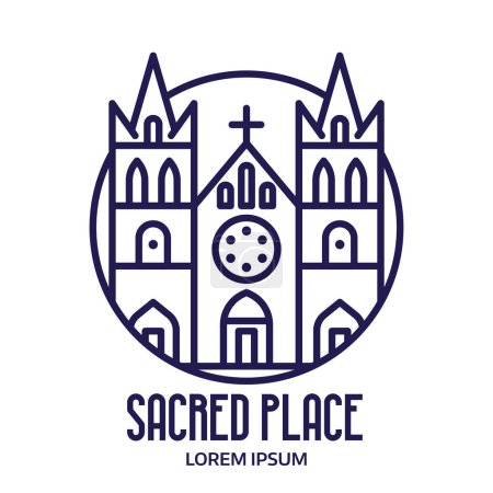 Illustration for Abstract orthodox church circle icon. Sacred place logo template with christian parish church or cathedral in line art. - Royalty Free Image