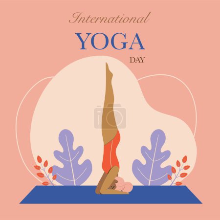 Illustration for Woman doing asana International Yoga Day card. Dark skinned female in Yoga Headstand pose. Yoga body posture exercise on yoga mat. Healthy lifestyle concept for poster template design. - Royalty Free Image