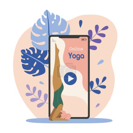 Illustration for Online yoga classes smartphone interface. Woman doing yoga using application for smart fitness session via internet. Female coach on phone screen conducts digital live lesson. - Royalty Free Image