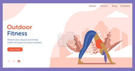 Illustration for Woman practicing yoga asana outdoors on horizontal banner for yoga classes. Girl doing exercises in city park. Healthy lifestyle landing page or site template with outdoor female fitness workout. - Royalty Free Image