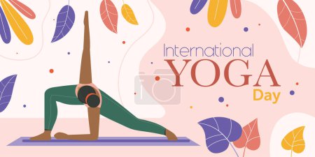 Téléchargez les illustrations : Journée internationale de yoga bannière avec une femme pratiquant le yoga. Une fille à la peau foncée fait asana. Fitness et mode de vie sain dépliant du dépliant. - en licence libre de droit
