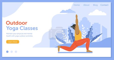 Illustration for Man practicing yoga asana outdoors on horizontal banner for yoga classes. Guy doing exercises in city park. Healthy lifestyle landing page or site template with male fitness on yoga mat. - Royalty Free Image