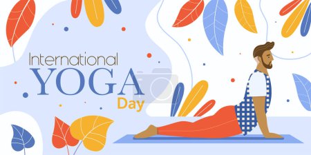 Ilustración de Banner internacional del día del yoga con el hombre practicando yoga. El macho de piel oscura hace asana. Folleto de aptitud y estilo de vida saludable del folleto. - Imagen libre de derechos