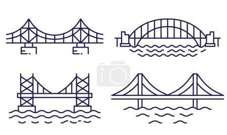 Téléchargez les illustrations : Différents types d'icône de pont ensemble. Ponts Sting dans la conception d'art linéaire. - en licence libre de droit