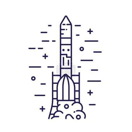 Ilustración de Astronauta cohete icono de lanzamiento con nave espacial en línea diseño de arte. Ilustración de línea delgada de despegue del transbordador espacial. - Imagen libre de derechos