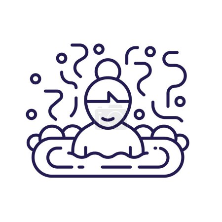 Icono de baño de barro con persona en la bañera de hidromasaje. Escena de terapia de masaje acuático con hombre o mujer en bañera de hidromasaje con burbujas.