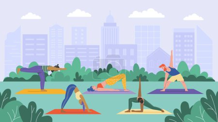 Téléchargez les illustrations : Diverses personnes pratiquant le yoga dans le parc de la ville. Hommes et femmes faisant des asanas à l'extérieur. Modèle de bannière mode de vie sain et actif avec des gens dans la nature. Personnages de formation différentes postures de yoga. - en licence libre de droit