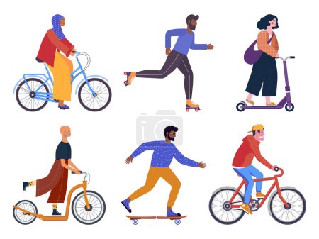 Téléchargez les illustrations : Les gens modernes utilisant des transports urbains alternatifs tels que vélo, planche à roulettes, patins à roulettes et scooter électrique. Ensemble urbain homme et femme avec roues écologiques. - en licence libre de droit