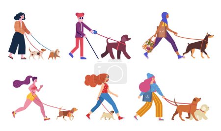 Frauen gehen mit Hunden an der Leine spazieren. Verschiedene Weibchen mit ihren Welpen auf Hundeausflug. Hundehalterin moderne Damen im Alltag.