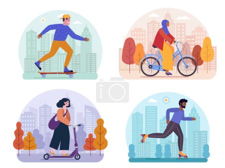 Téléchargez les illustrations : Les gens modernes utilisant les transports urbains alternatifs tels que le vélo, le skateboard, les patins à roulettes et le scooter électrique sur les scènes du centre-ville. Ensemble urbain homme et femme avec roues écologiques. - en licence libre de droit