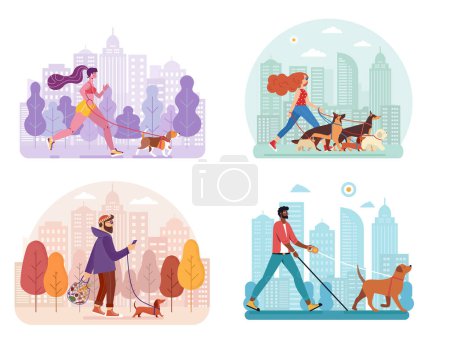 Illustration for Modern people walking with dogs on leashes. Guide dog owner, doggy walker service lady, girl running with puppy and hipster man walk with shopping bag and his dachshund. - Royalty Free Image