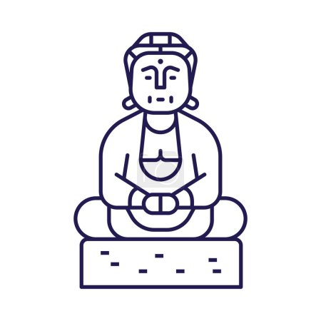 Illustration for Meditation icon off Buddha statue in zen state. Mental health logo or emblem template with buddhist god statue at lotus pose in line art. - Royalty Free Image